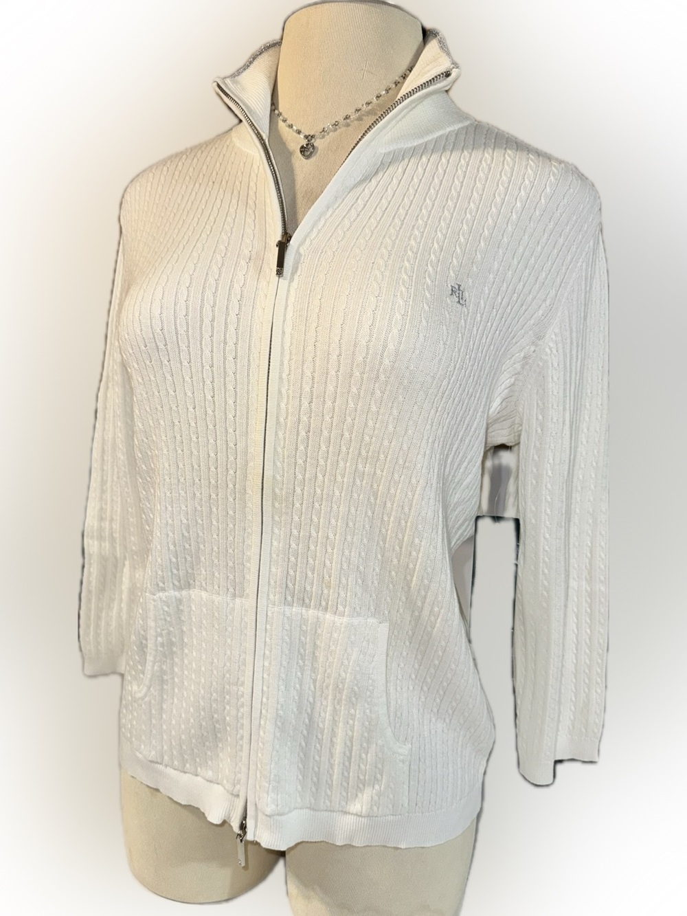 Women’s Lauren Ralph Lauren Cream Cable-Knit Zip Cardigan Cotton Blend size XL